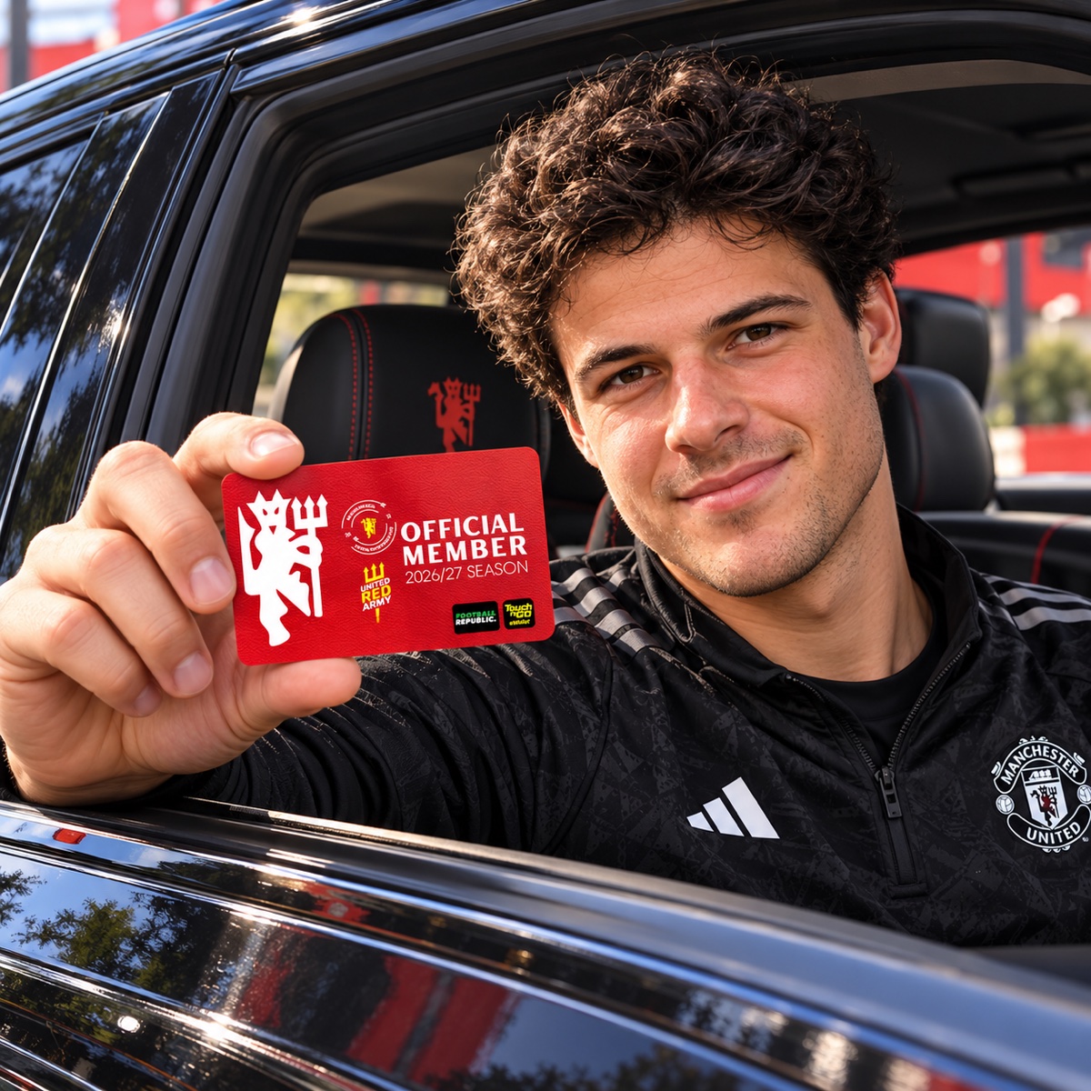 Illustrated Senne Lammens inside a parked car, looking out of the open window and showing the red Red Army membership card